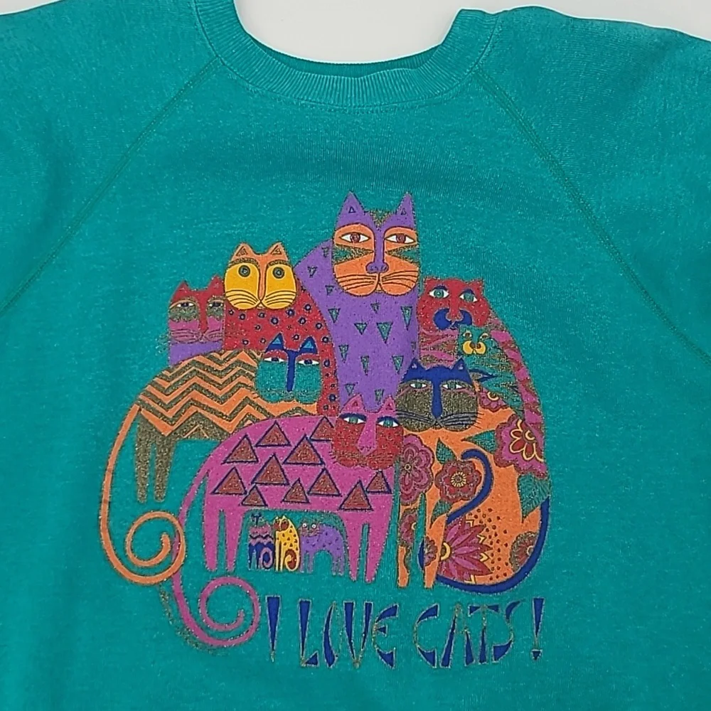 Vintage Laurel Burch I LOVE CATS! Sweatshirt teal green large hanes - Picture 15 of 16